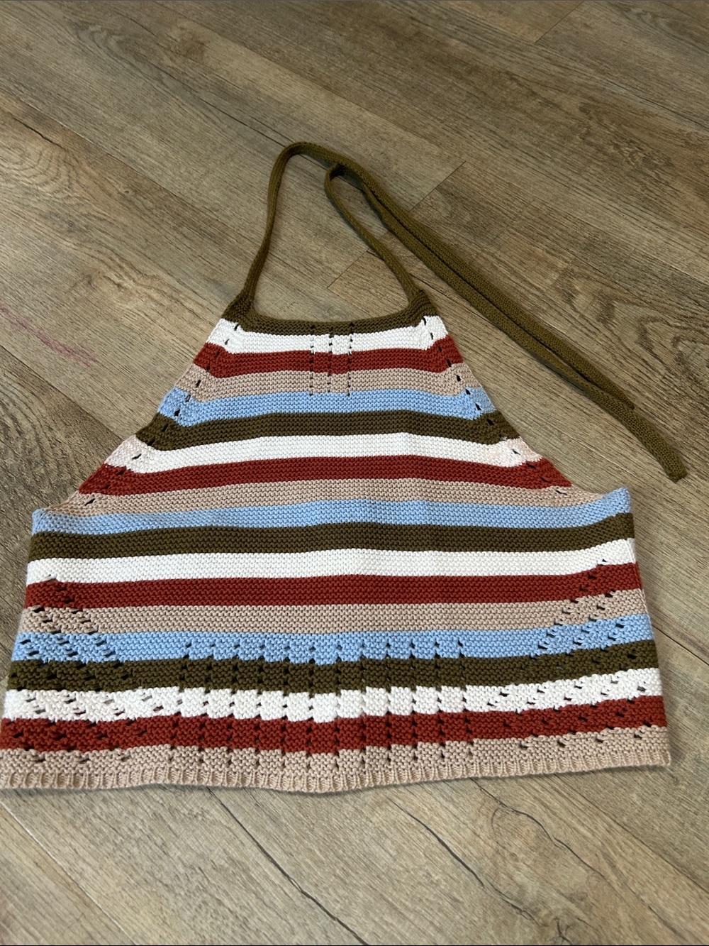 Striped Crochet Halter Top in Olive, Rust, Blue & Cream